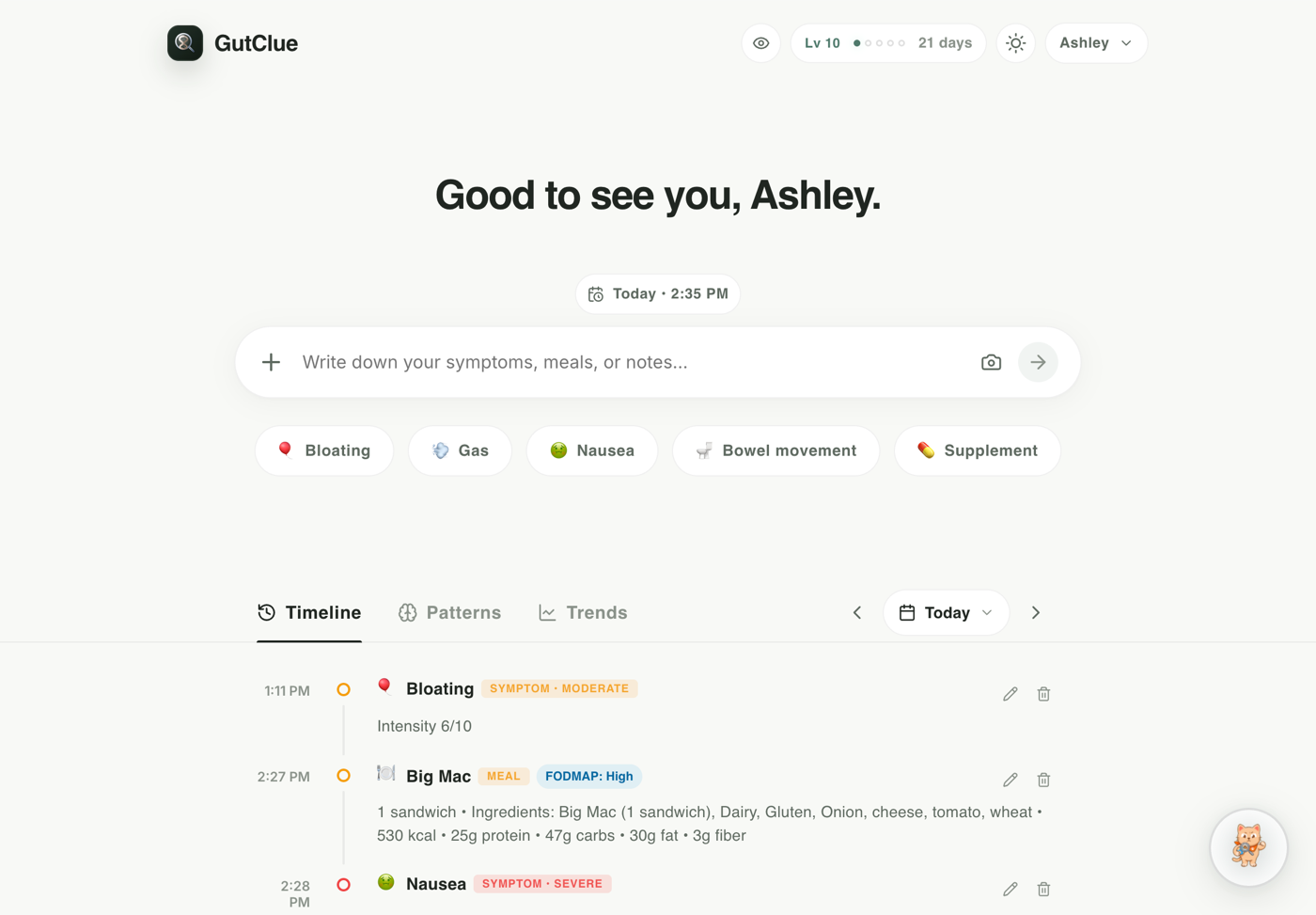 GutClue home screen with natural-language logging, quick symptom chips, companion progress, and private timeline.
